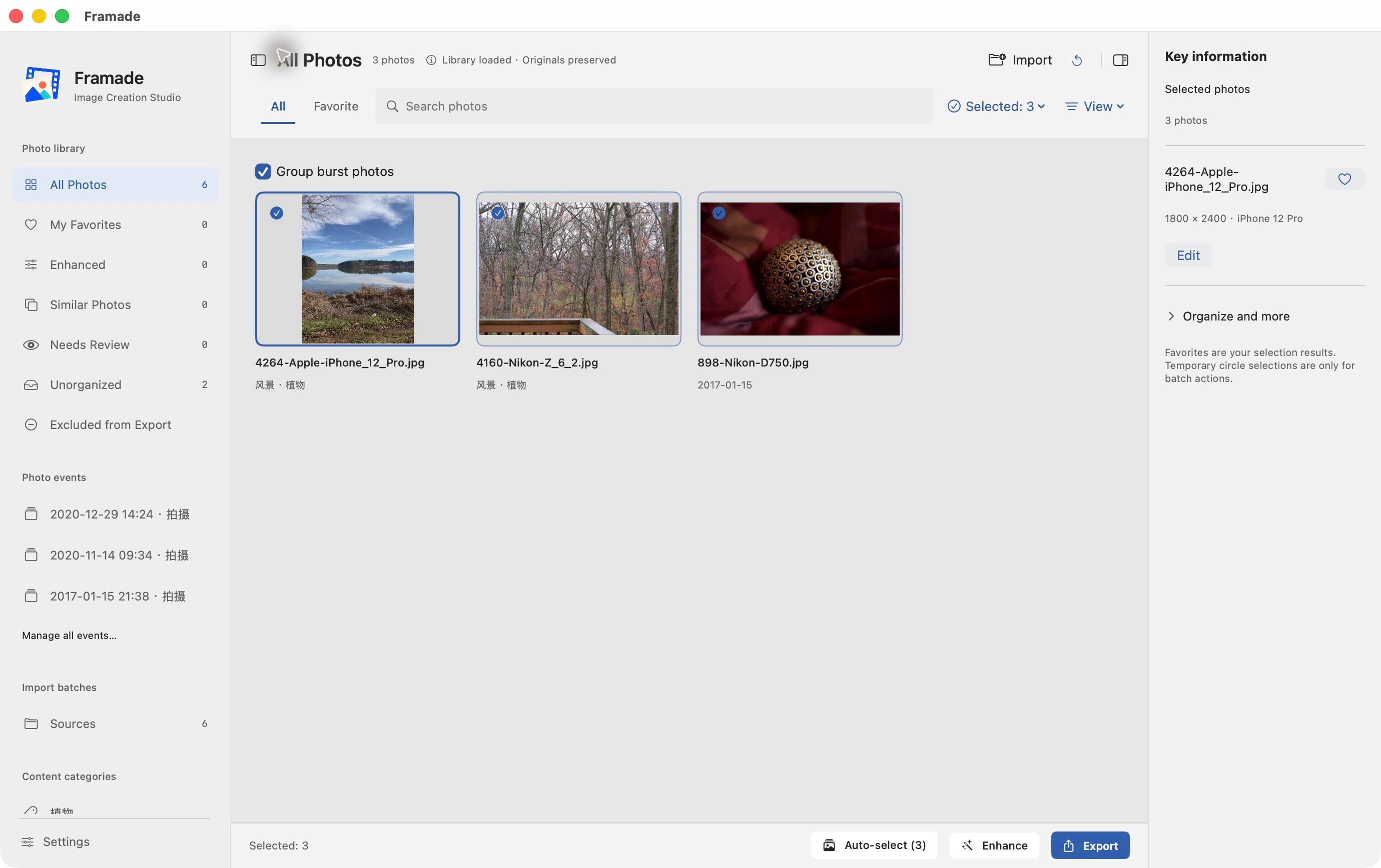 Framade photo library in English, showing the photo grid, categories and batch actions